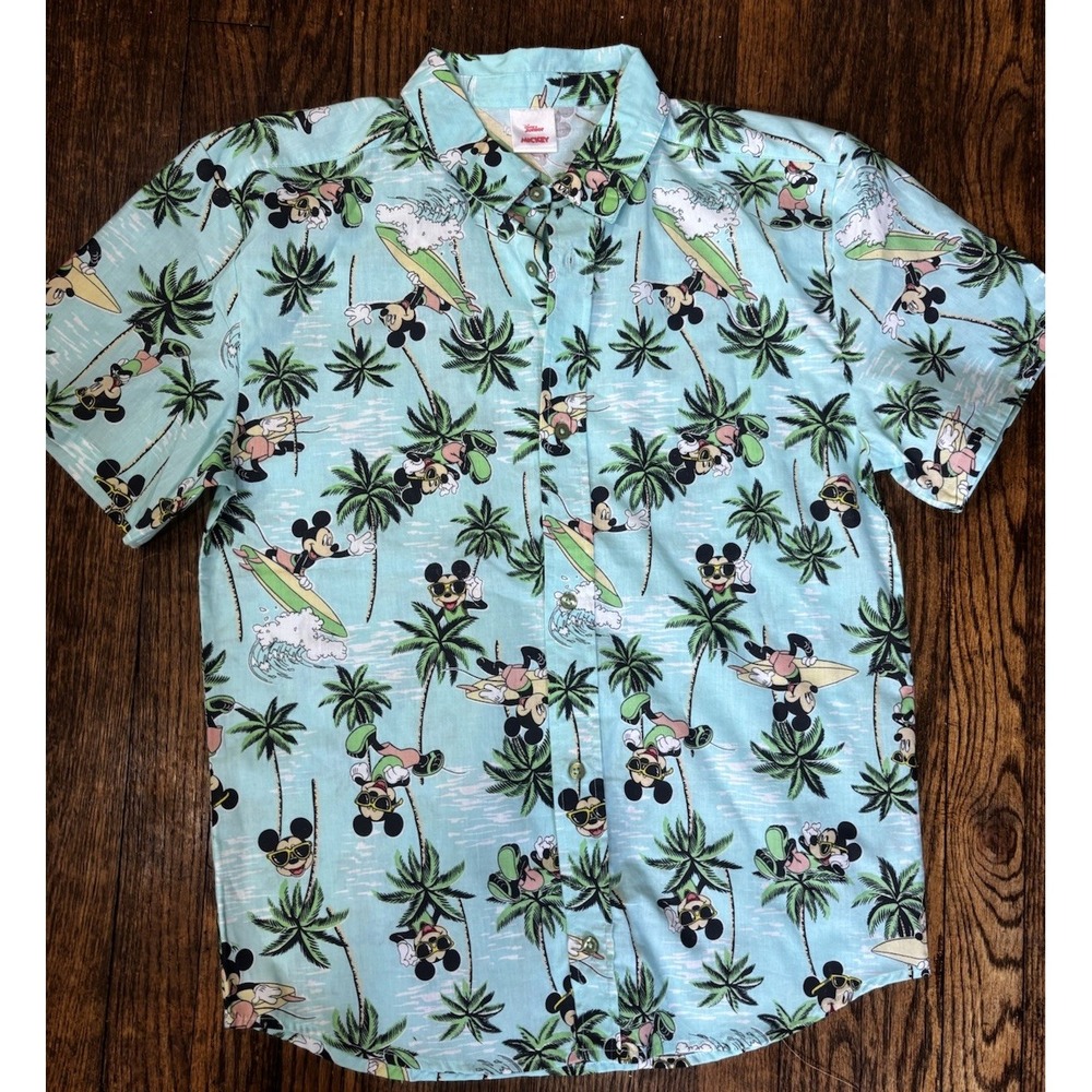 🌴Disney Junior Hawaiian Shirt Kids 18/20 Mickey Mouse Surf/ Palm Tree